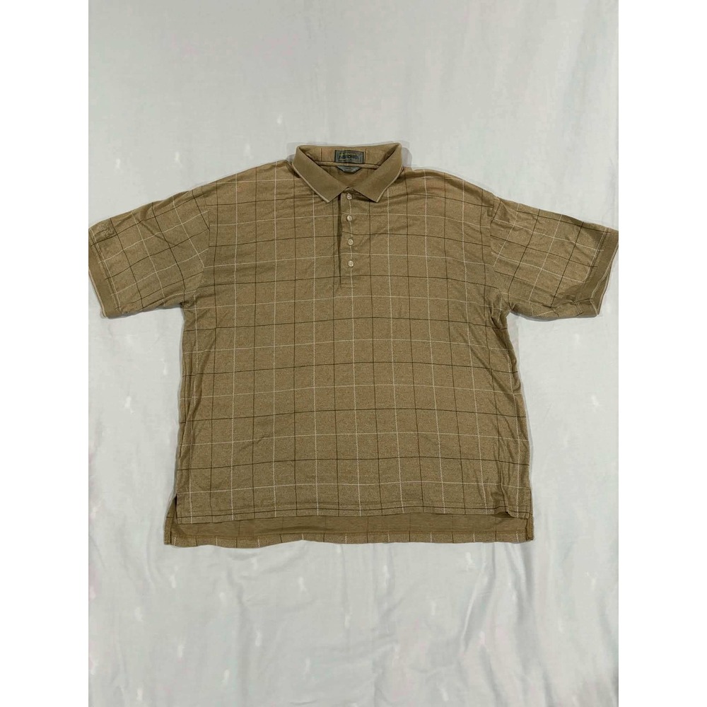 Descente Collection Plaid Golf Polo‎ Shirt Men's Tan Short Sleeve Button Up